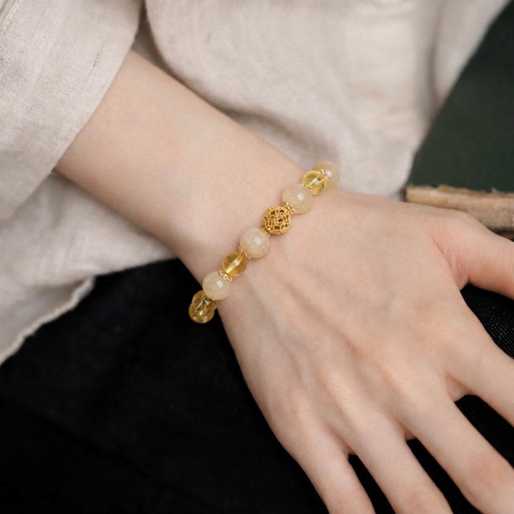 Citrine & Golden Rutilated Quartz Mantra Bracelet — 002