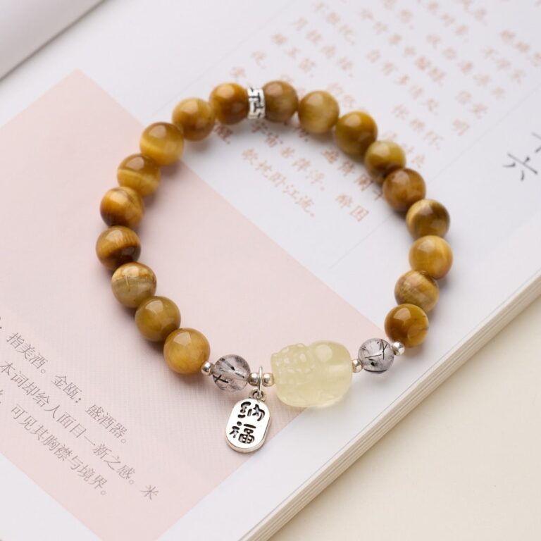 Tiger's Eye & Lemon Quartz & Black Rutilated Quartz Pixiu Bracelet — 036