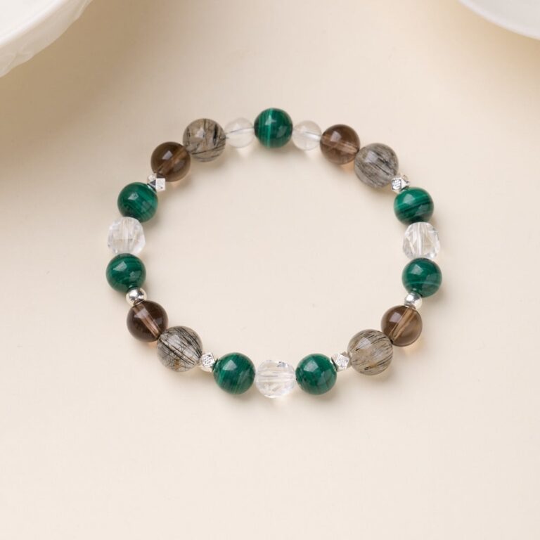 Malachite & Black Rutilated Quartz & Smoky Quartz Bracelet — 040