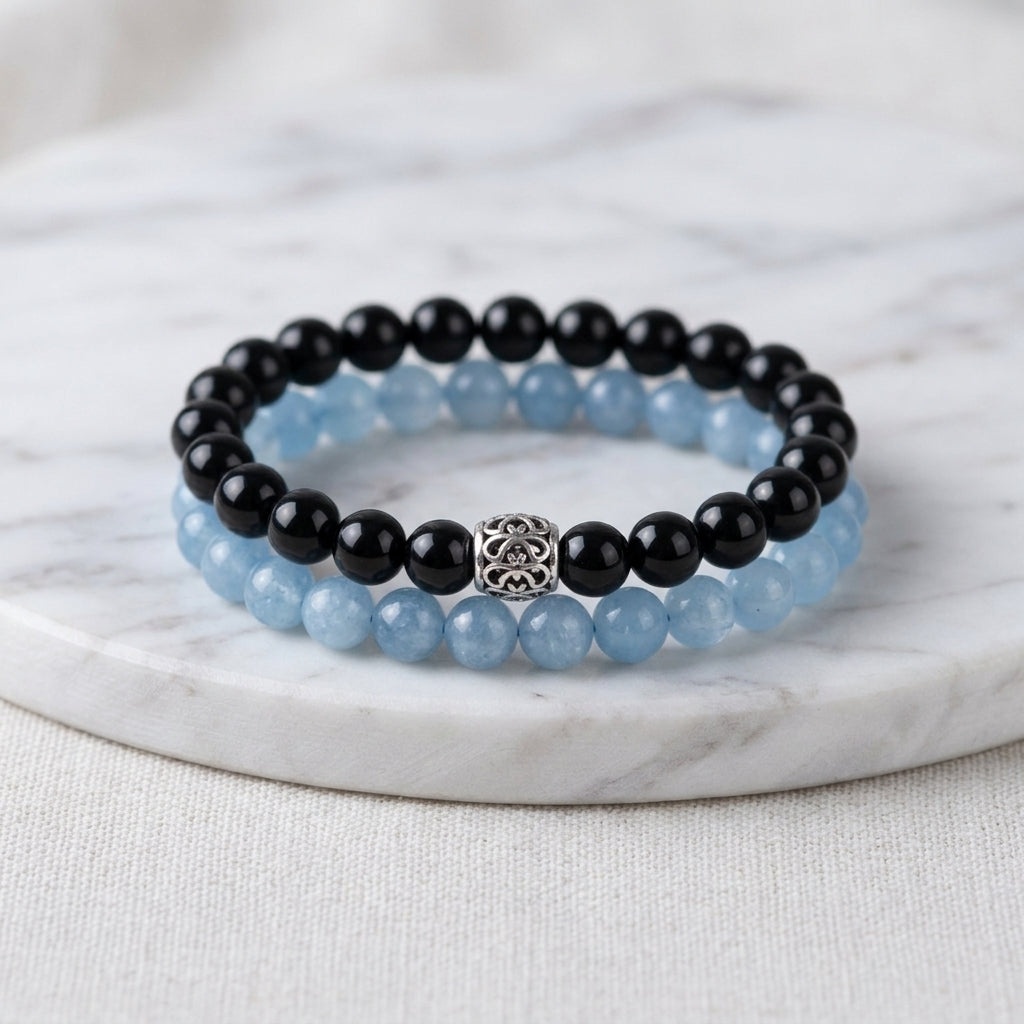 CFB-066 — Reference product image Obsidian & Blue Chalcedony Bracelet — 066