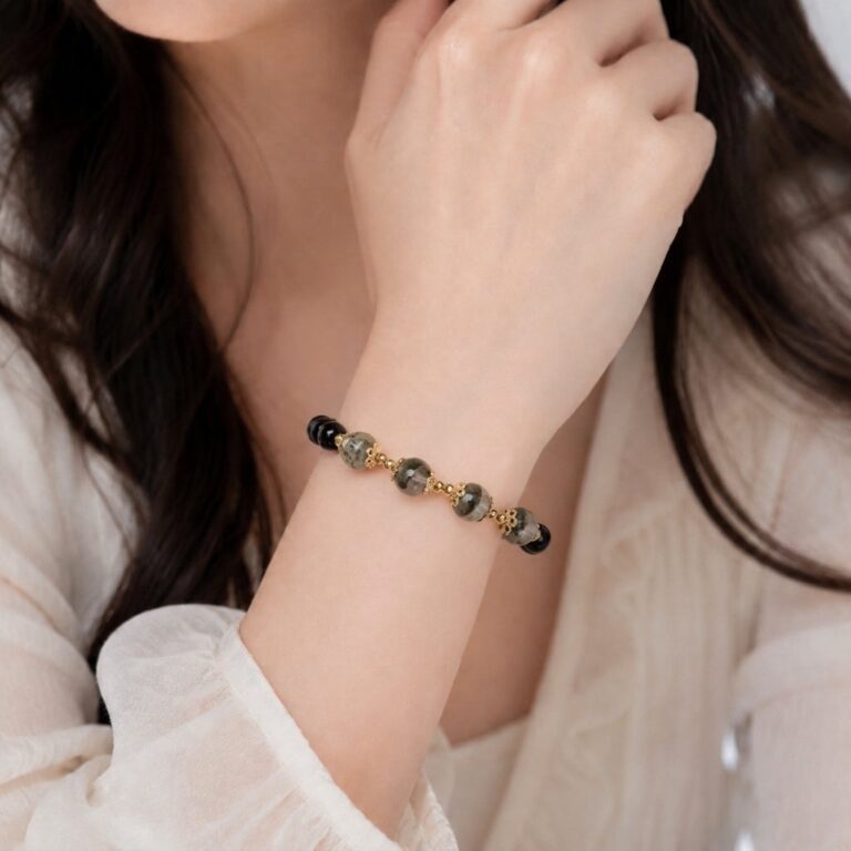 Obsidian & Green Phantom Quartz Bracelet — 067