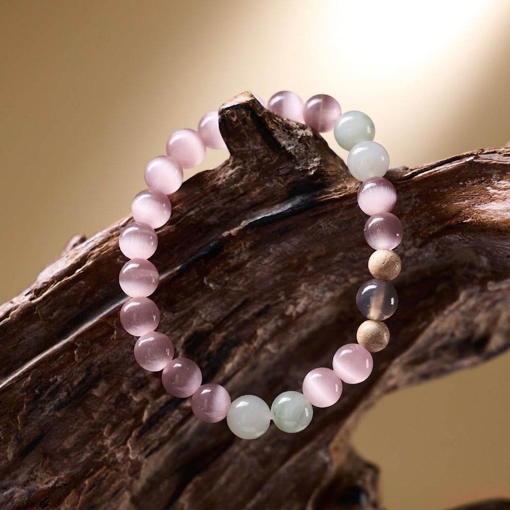 CFB-072 — Reference product image Pink Cat's Eye & Tianshan Jade & Agarwood Bracelet — 072