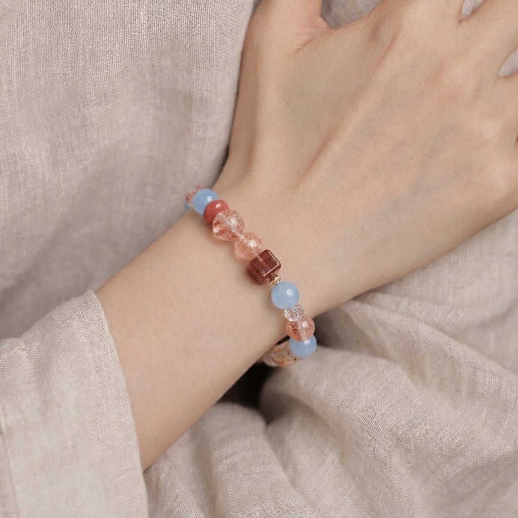 CFB-076 — Reference product image Jadeite & Red Rutilated Quartz & Red Agate Bracelet — 076